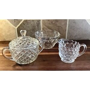 Vintage Clear Pressed Glass Creamer Sugar Bowl Extra Bowl Set Trad Mid-Century